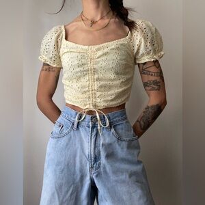 💚clearance 💚 Hollister butter yellow smocked eyelet tie front cropped shirt